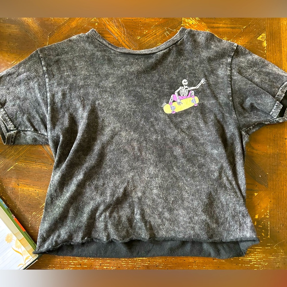 Acid Washed Grey Graphic T-Shirt Skeleton Crop Top
